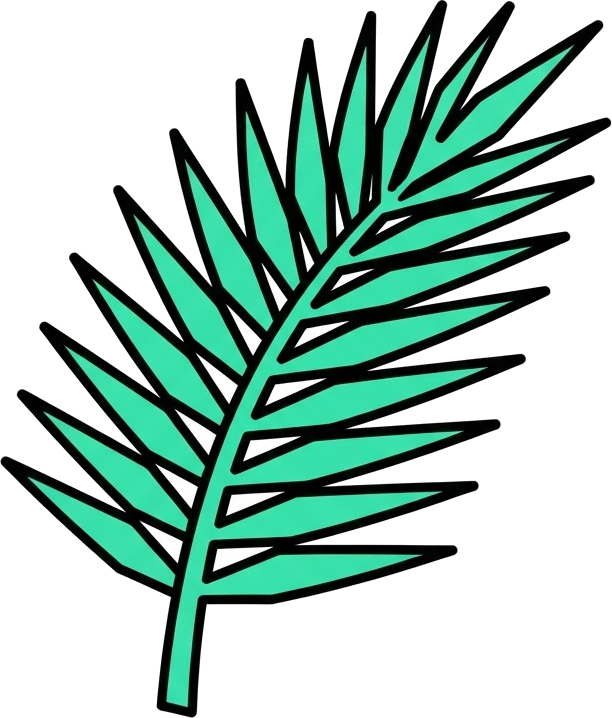Flat mint-green palm frond illustration with thick black outline
