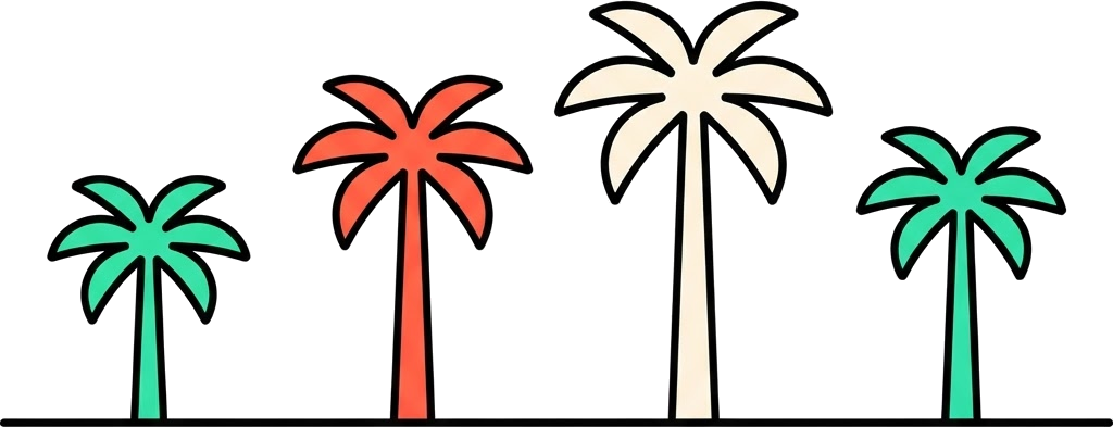 Wide banner illustration of four palm tree silhouettes in mint, coral, and cream