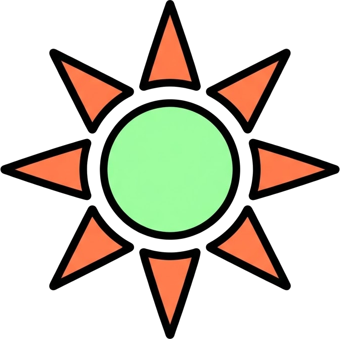 Flat sun badge illustration with mint center and coral triangular rays